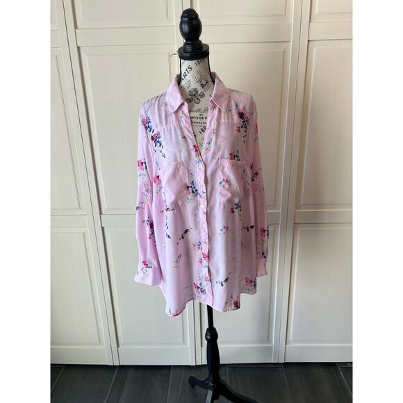 Roaman's Plus Size Light Pink Floral lightweight button up long sleeve blouse - Picture 1 of 9